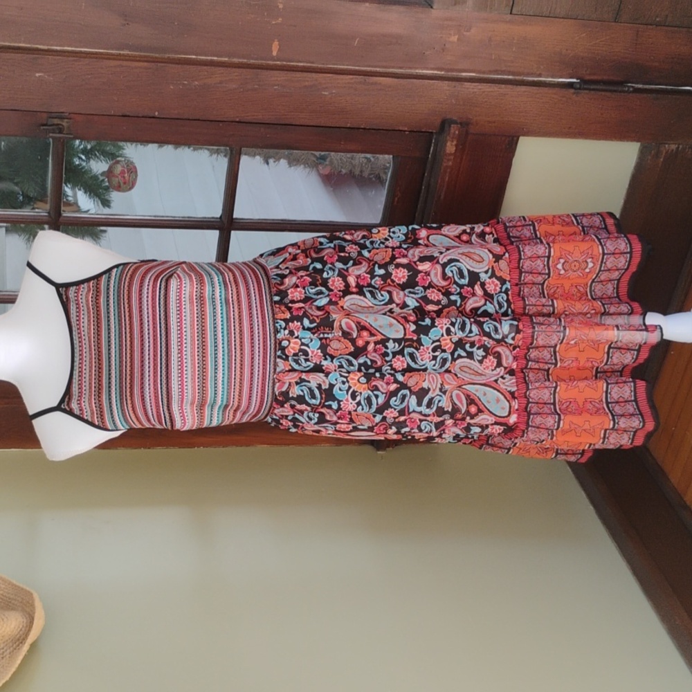 New York & Company Rust, Teal and Black Stretch Fabric Fun Dress
